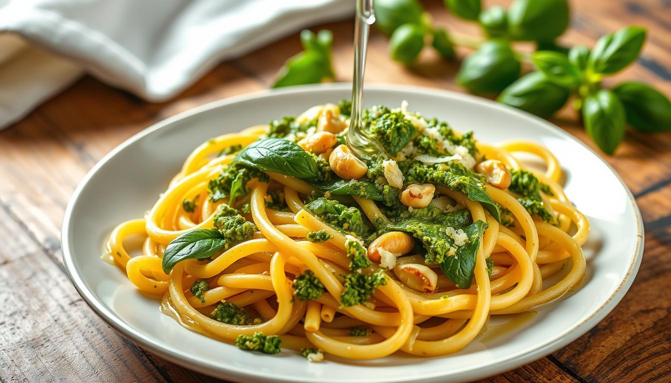 Pasta al pesto con aceite de oliva gourmet